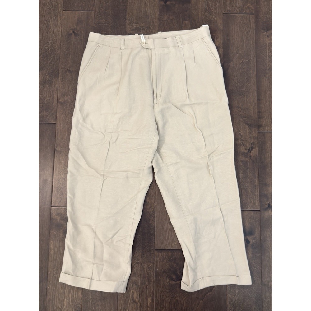 Kilburne & Fitch Summer Comfort Mens Tan Beige Pleated Linen Pants Size 38X26